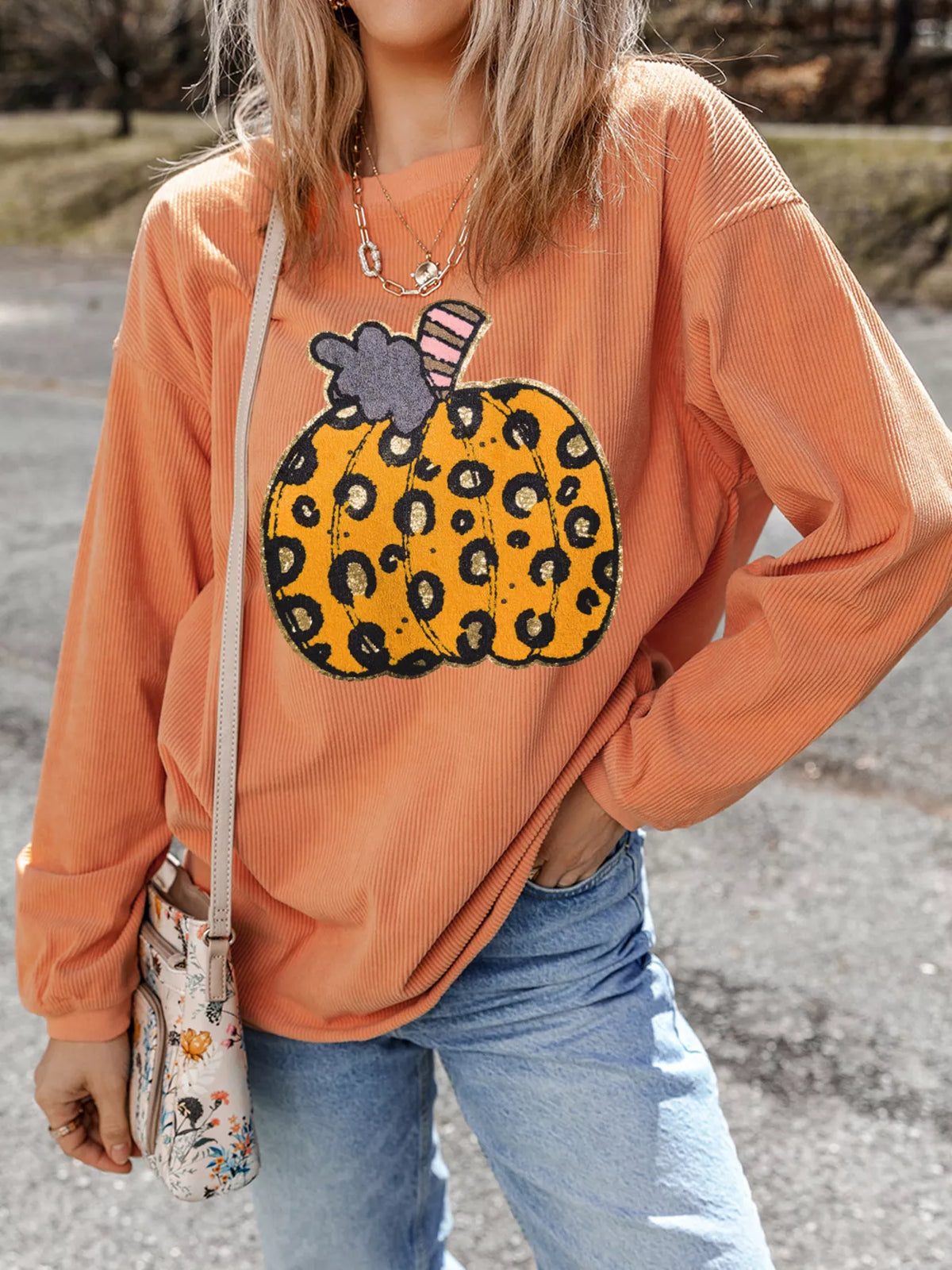 Halloween Leopard Pumpkin Patchwork Ribbed Sweatshirt
