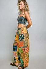 POL Printed Patchwork Wide Leg Pants with Adjustable Side Drawstring