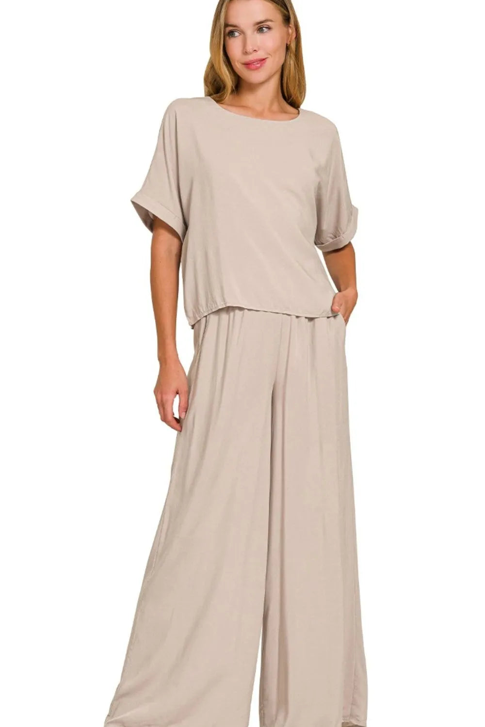Zenana Round Neck T-Shirt and Wide Leg Pants Set - Ladyez
