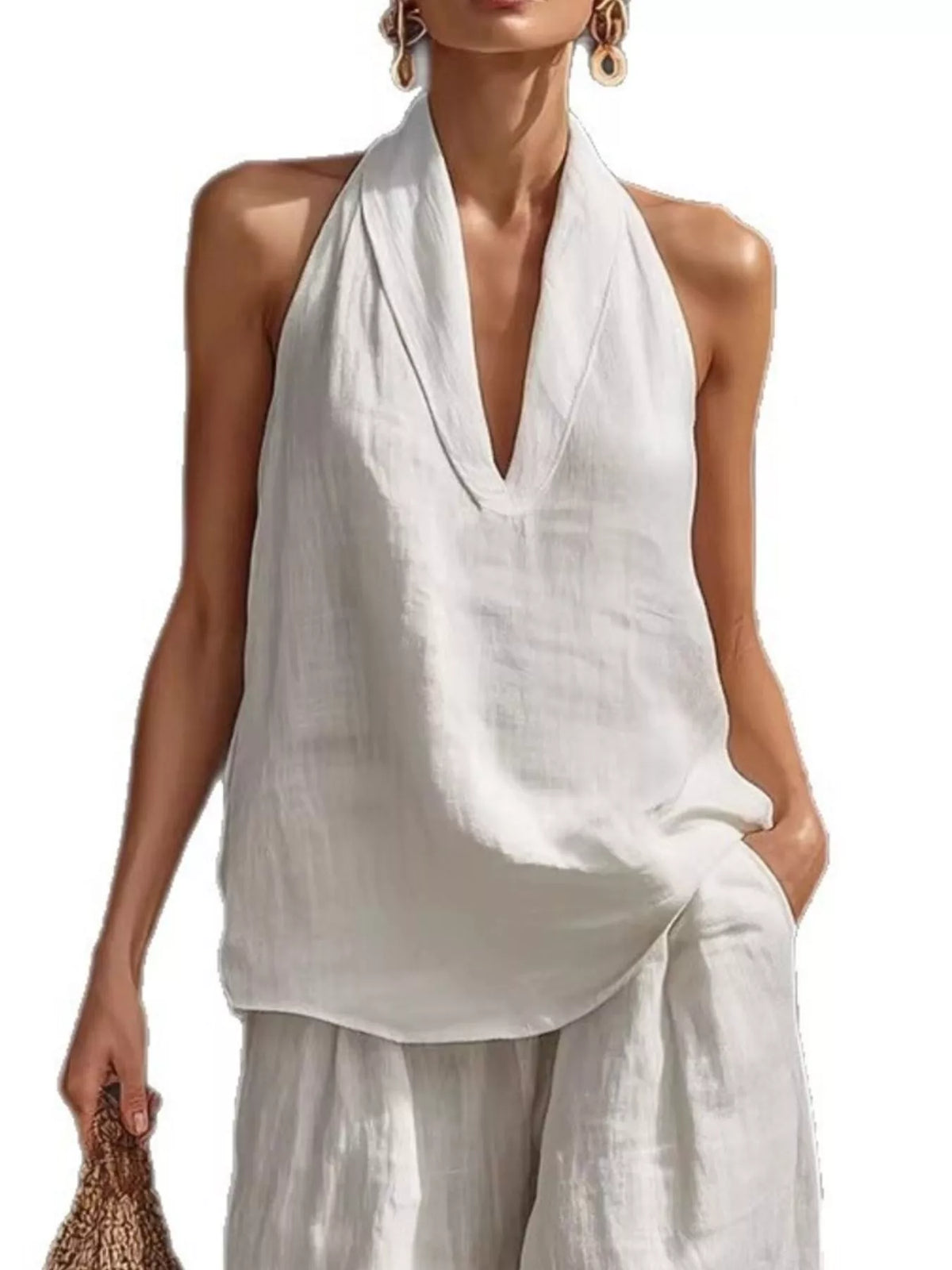 Full Size Halter Neck Top and Wide Leg Pants Set Plus Size