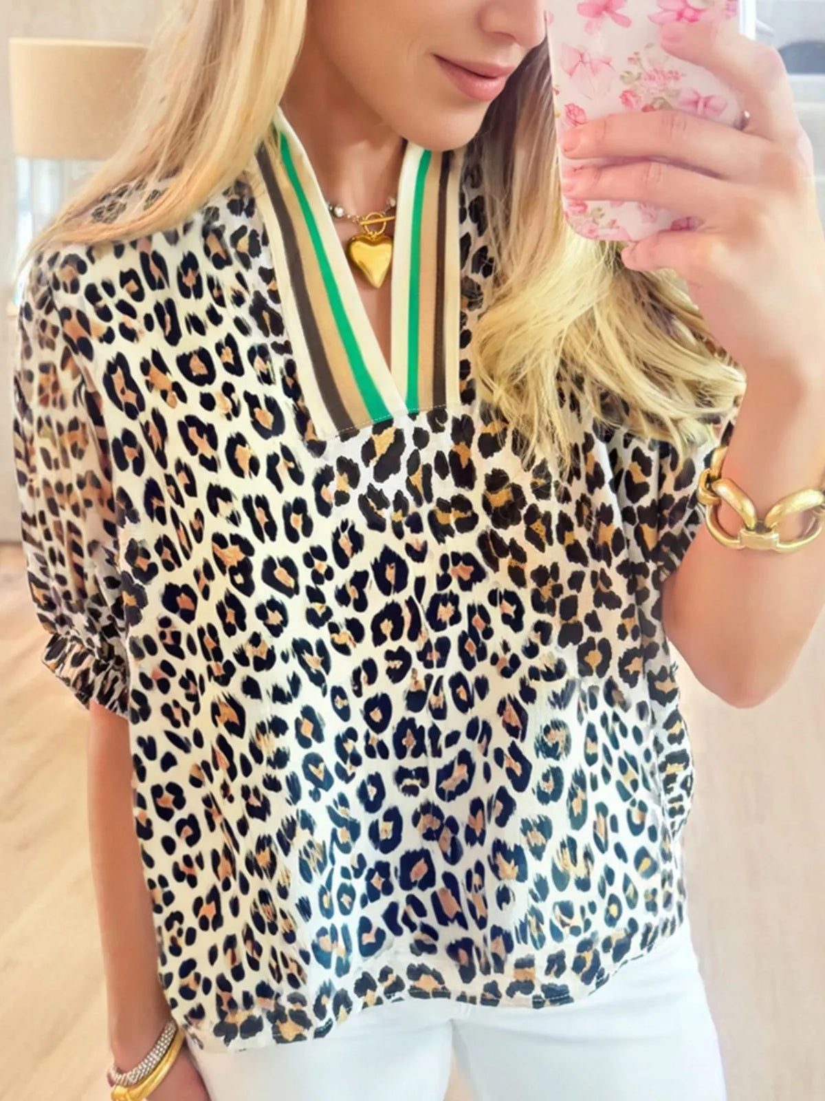 Leopard Print Notched Blouse with Striped Trim