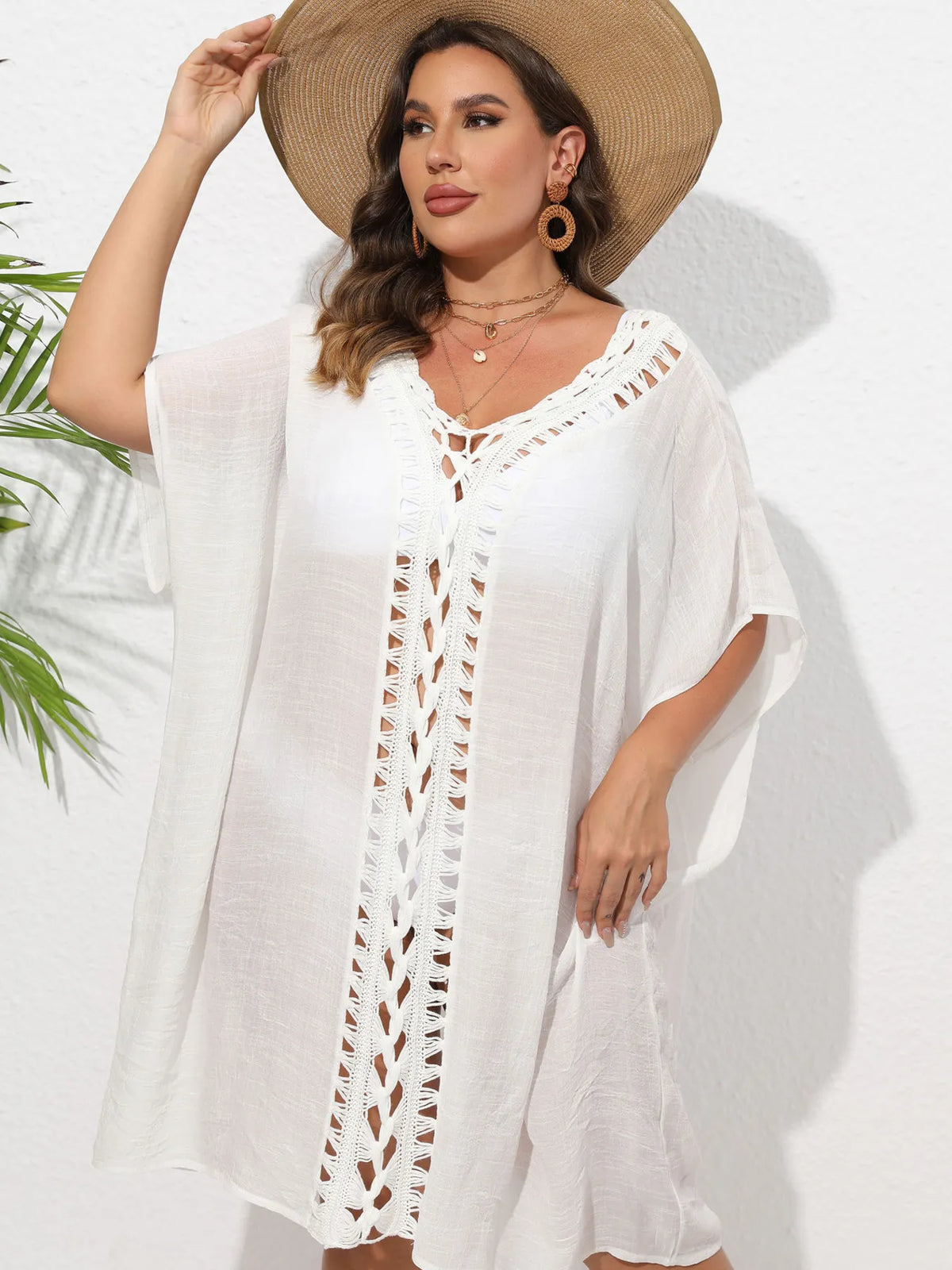 Crochet Trim V-Neck Beach Cover Up Dress - Ladyez
