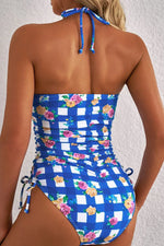 Floral Gingham Halter Neck Drawstring One Piece Swimwear - Ladyez