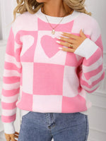 Heart Pattern Checkerboard Knit Sweater