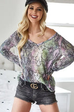BiBi Snakeskin Print Low Gauge Hacci V Neck Top