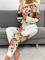 Shiny Printed Round Neck Top and Pants Lounge Set - Ladyez
