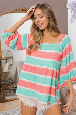 BiBi Stripe Printed Bubble Woven Balloon Sleeves Top