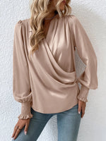 Surplice Smocked Lantern Sleeve Blouse - Ladyez