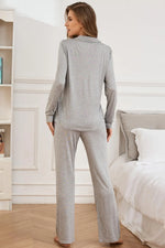Button Up Long Sleeve Top and Pants Lounge Set - Ladyez