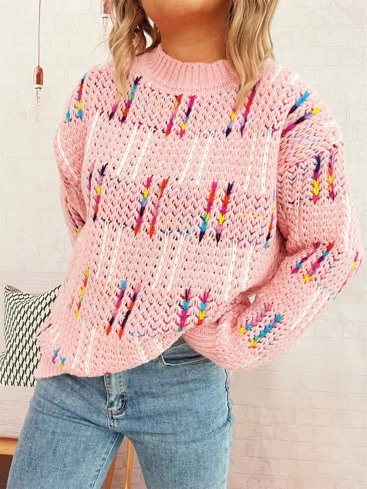 Colorful Round Neck Long Sleeve Sweater