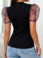Floral Puff Sleeves Mock Neck Blouse