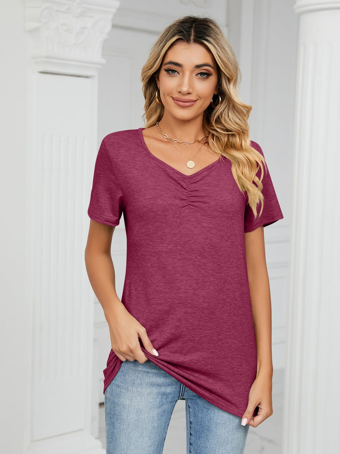 Ruched V-Neck Short Sleeve T-Shirt - Ladyez
