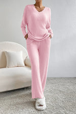 Ribbed V-Neck Top and Pants Lounge Set - Ladyez