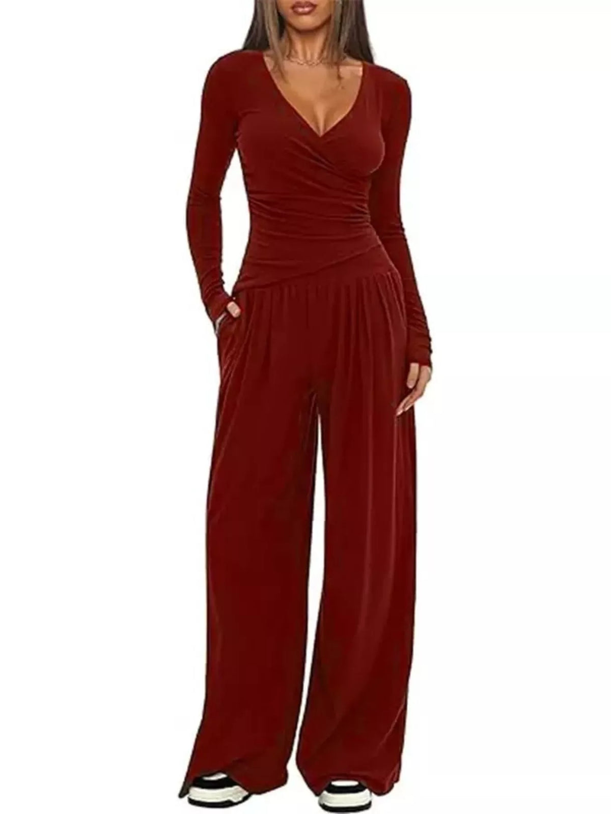 Casual Long Sleeve Top and Wide Leg Pants Set