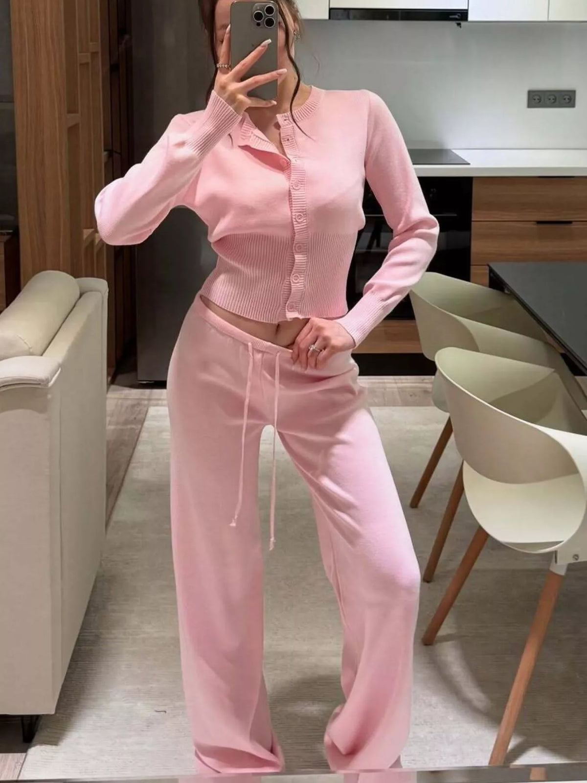 Button Up Cardigan and Pants Knit Set