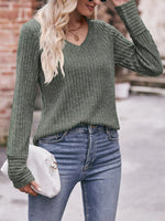 V-Neck Ribbed Knit Long Sleeve T-Shirt