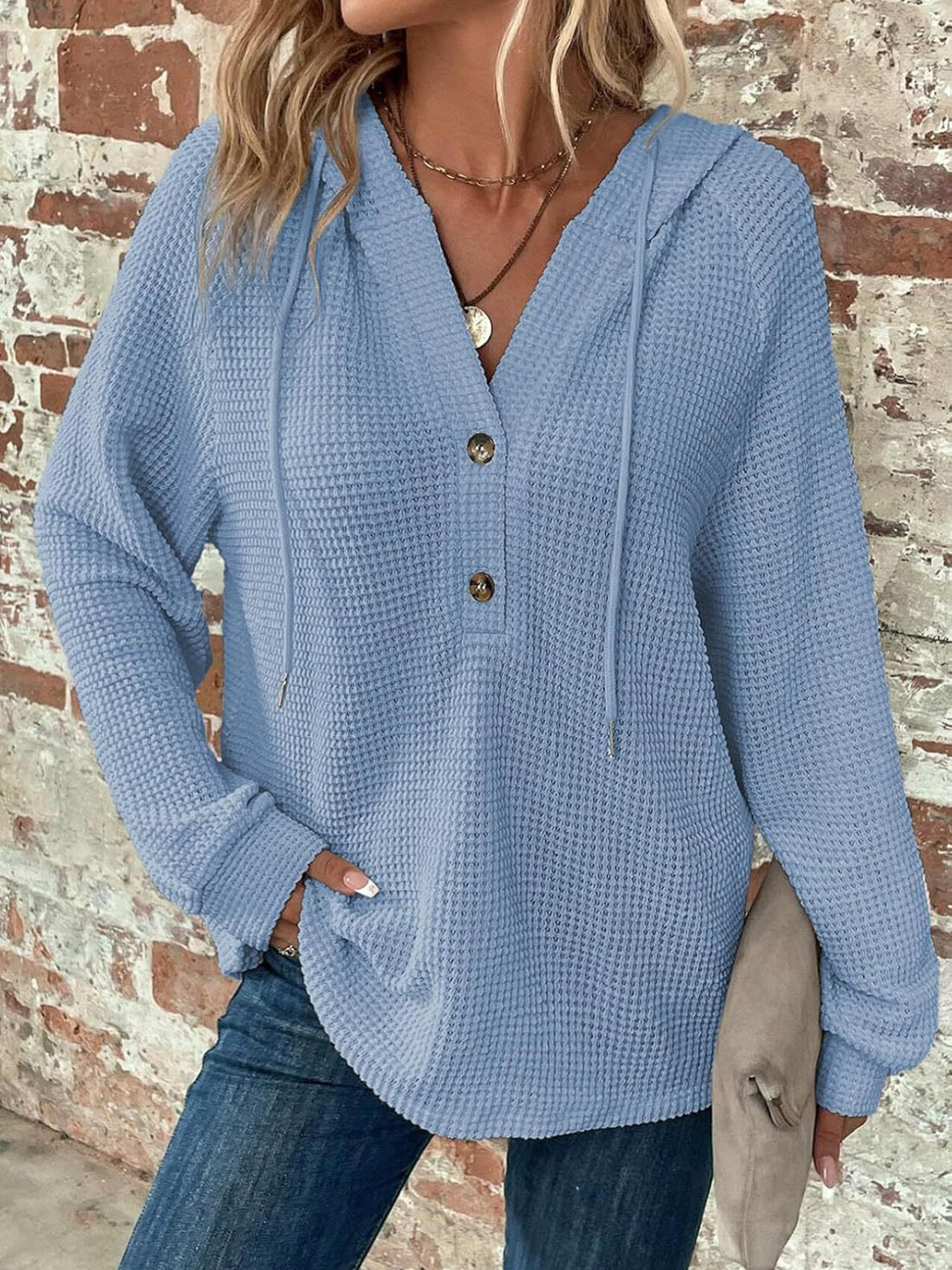 Waffle Knit Long Sleeve Drawstring Hooded Top - Ladyez