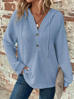 Waffle Knit Long Sleeve Drawstring Hooded Top - Ladyez