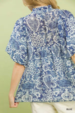Umgee Abstract Print Ruffled Puff Sleeve Top