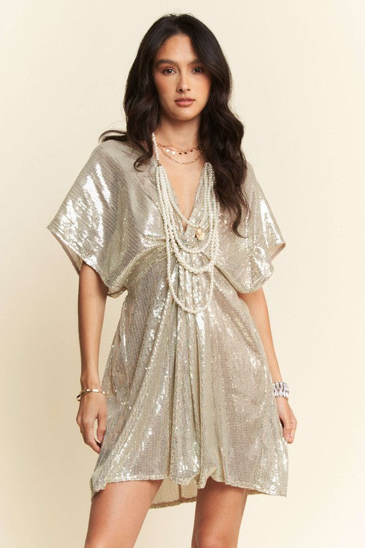 Davi & Dani Sequin Plunge Neck Knot Cut Out Tie Back Party Dress - Ladyez