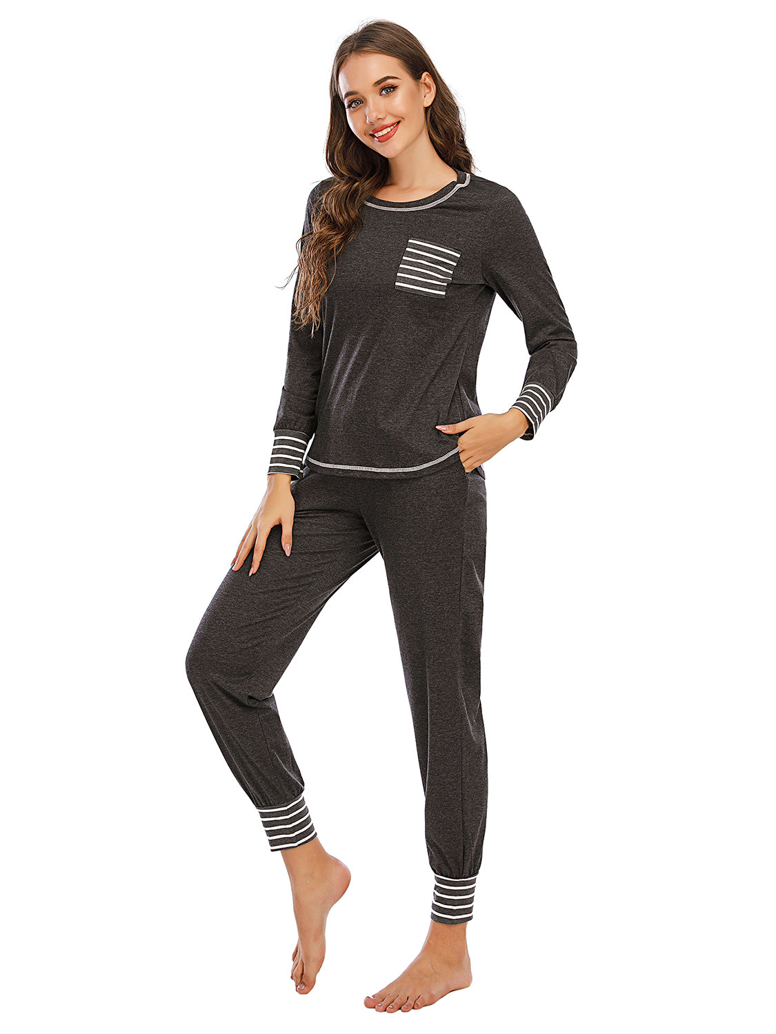 Round Neck Top and Pants Lounge Set - Ladyez