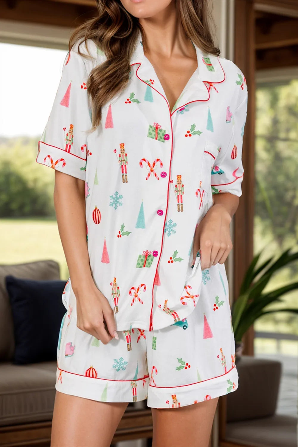 Printed Short Sleeve Top and Shorts Lounge Set - Ladyez