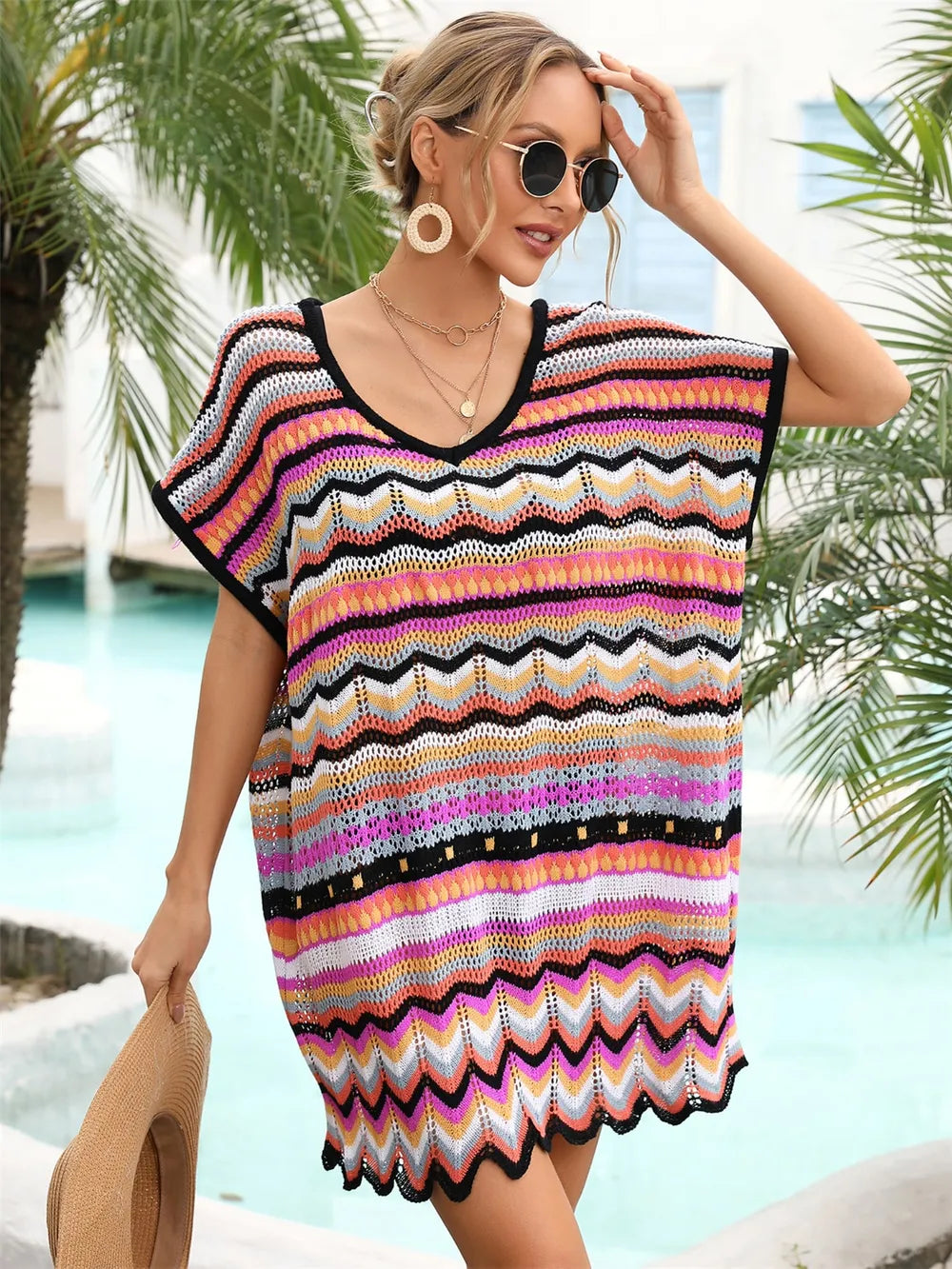 Angel Wings Rainbow Stripe Scalloped V-Neck Cover-Up Dress - Ladyez