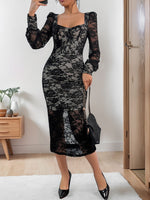 Perfee Lace Sweetheart Neck Long Sleeve Midi Dress - Ladyez