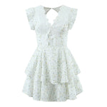 Retro French Ruffles Flounced Sleeve Lace Embroidered Vest Dress Deep V Plunge neck Drawstring Slim Fit Tiered Dress