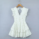 Retro French Ruffles Flounced Sleeve Lace Embroidered Vest Dress Deep V Plunge neck Drawstring Slim Fit Tiered Dress