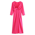 Fall Women Clothing V neck Silk Forged Texture Bow Tie Elastic Sleeve Dress
