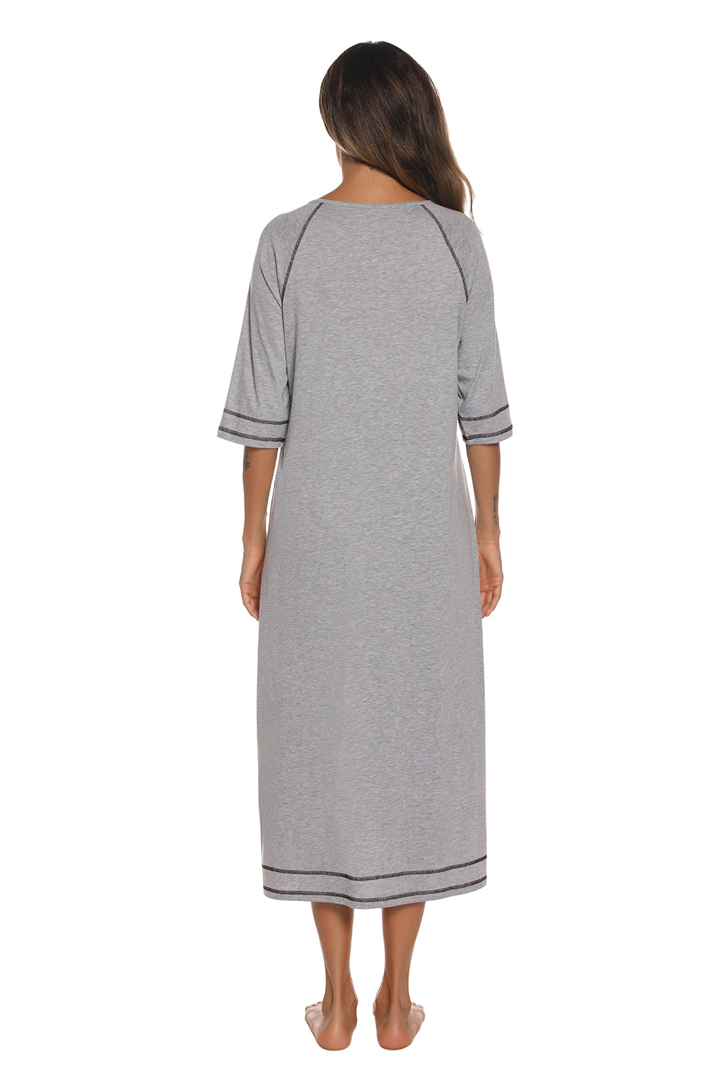 Zip Up Slit Round Neck Night Dress with Pockets - Ladyez