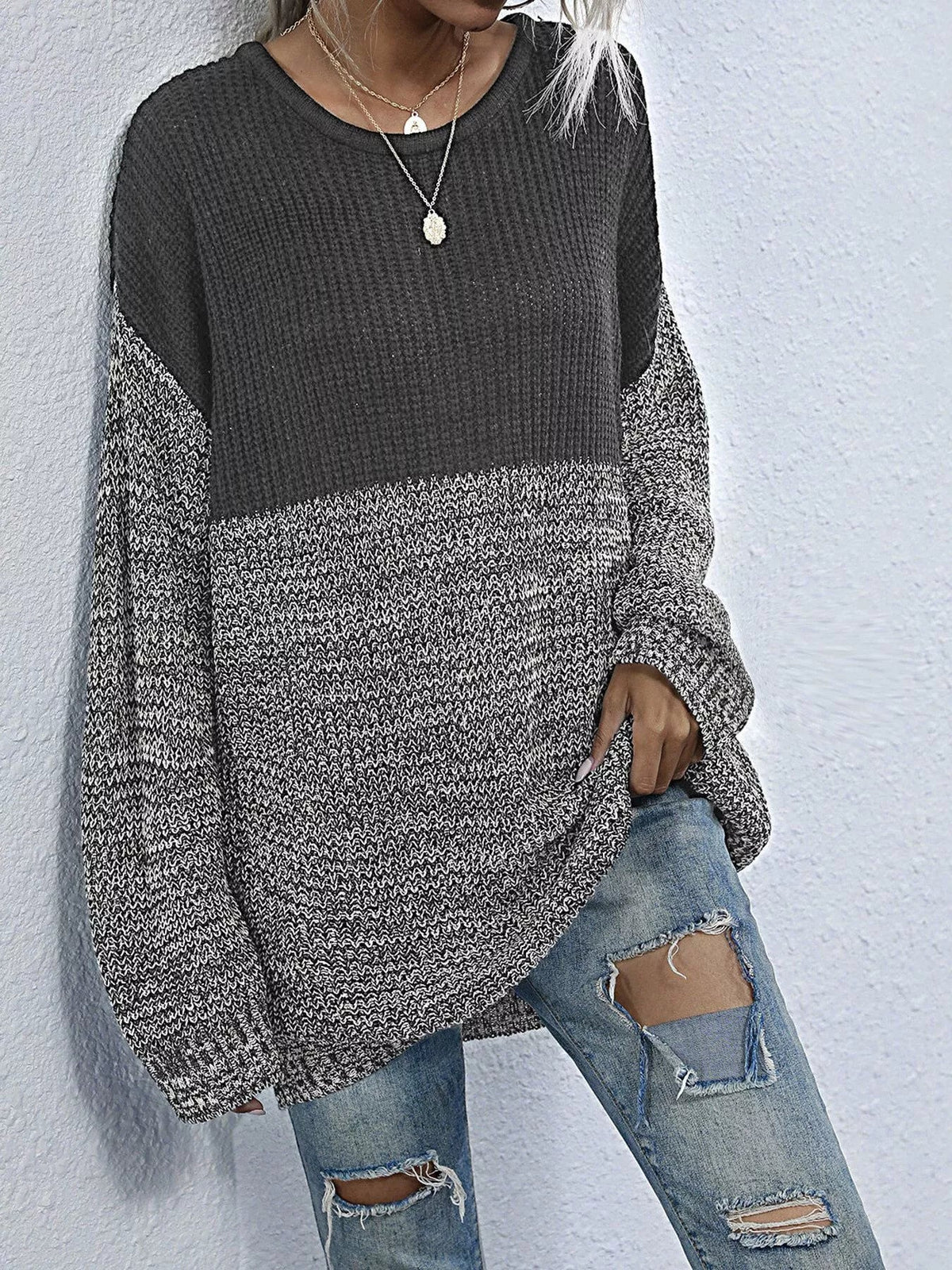 Color Block Long Sleeve Oversized Sweater