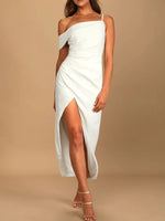 Split Asymmetrical Neck Midi Dress - Ladyez