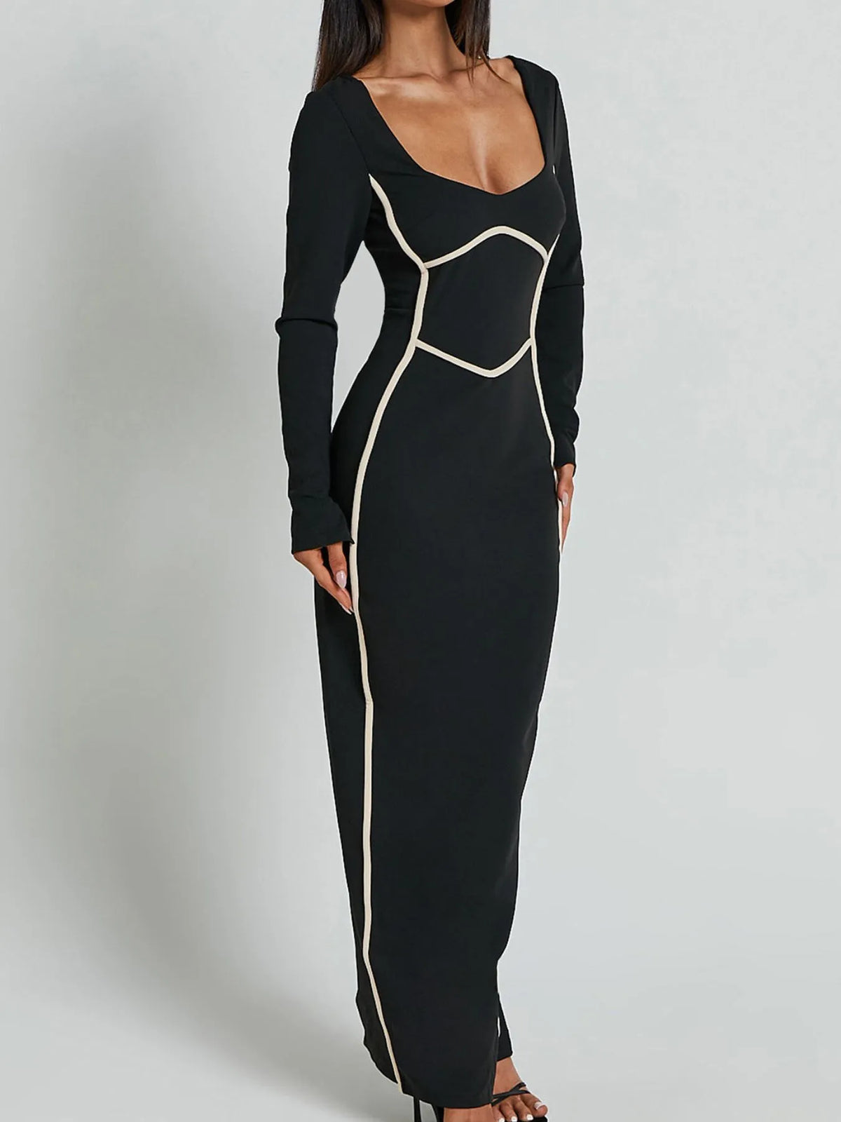 Contrast Trim Long Sleeve Bodycon Maxi Dress - Ladyez