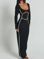 Contrast Trim Long Sleeve Bodycon Maxi Dress - Ladyez