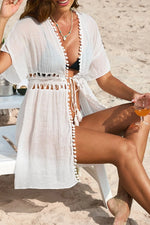 Pom Pom Trim Drawstring Waist Cover-Up - Ladyez