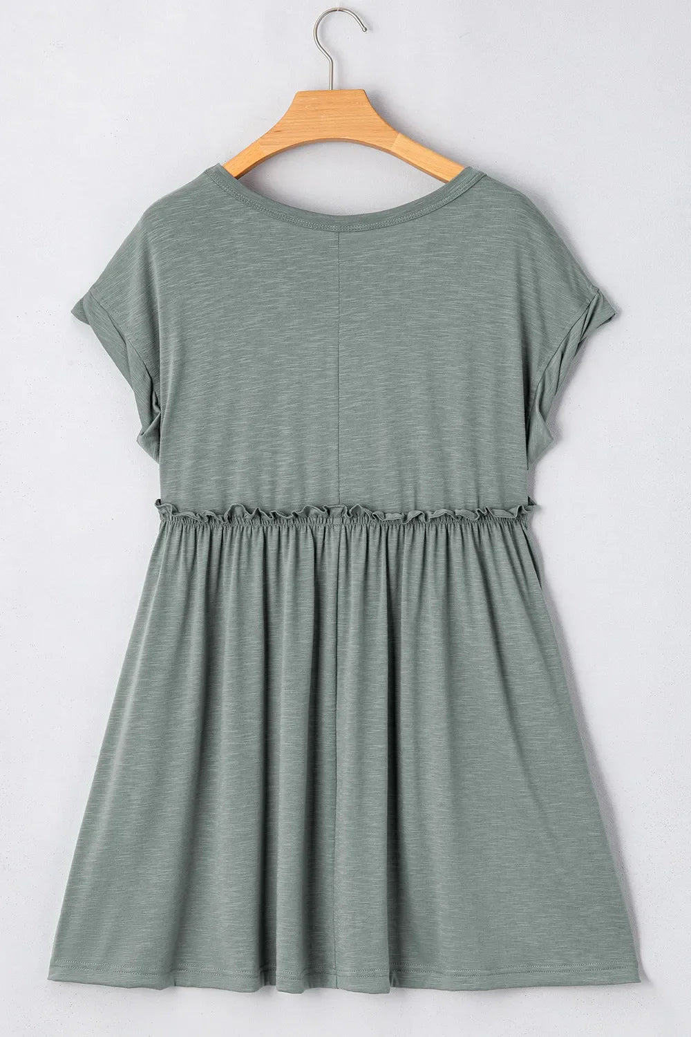 Frilled Gathered Seam Round Neck T Shirt Dress
