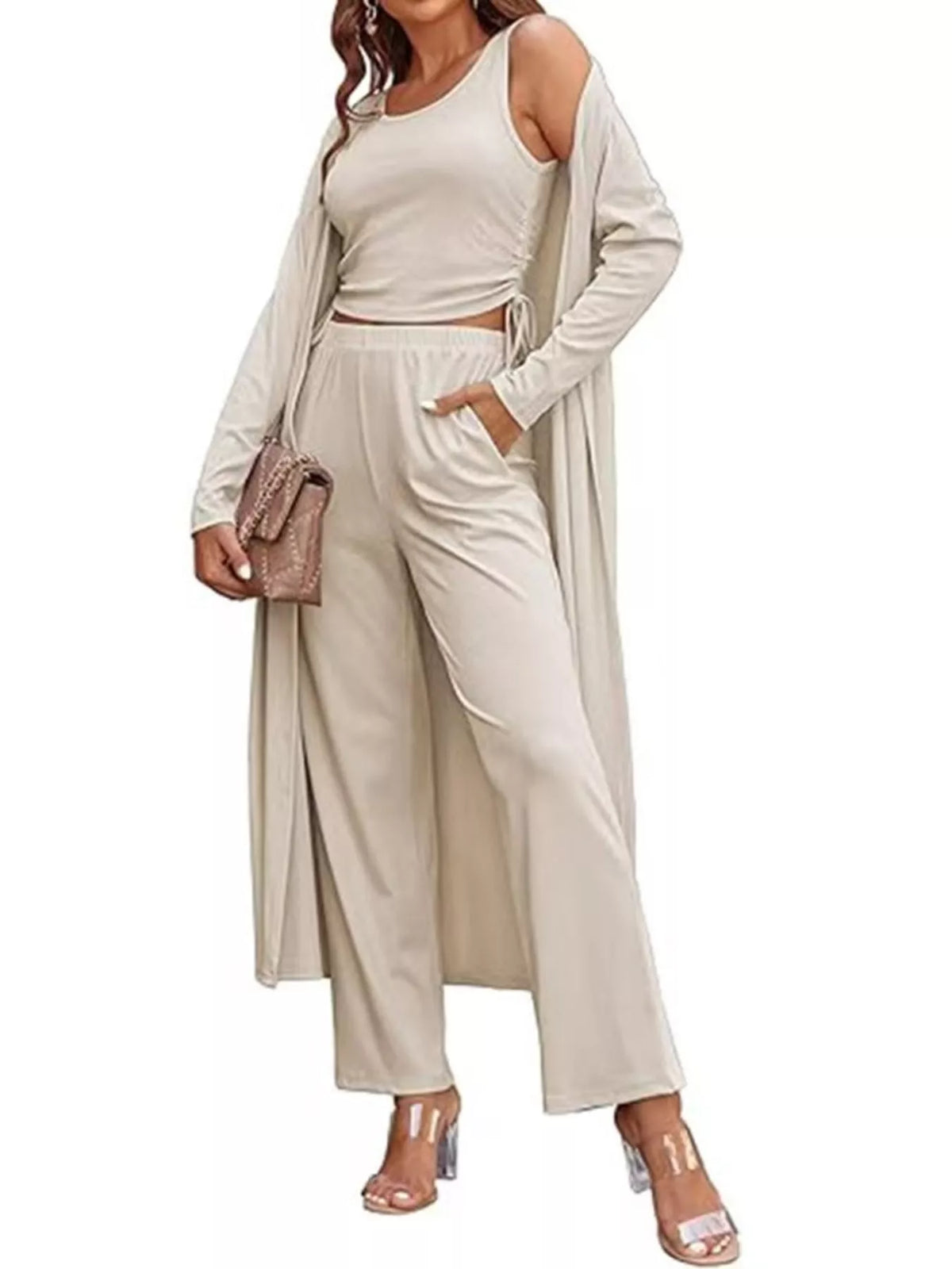 Round Neck Tank & Cardigan & Pants Set