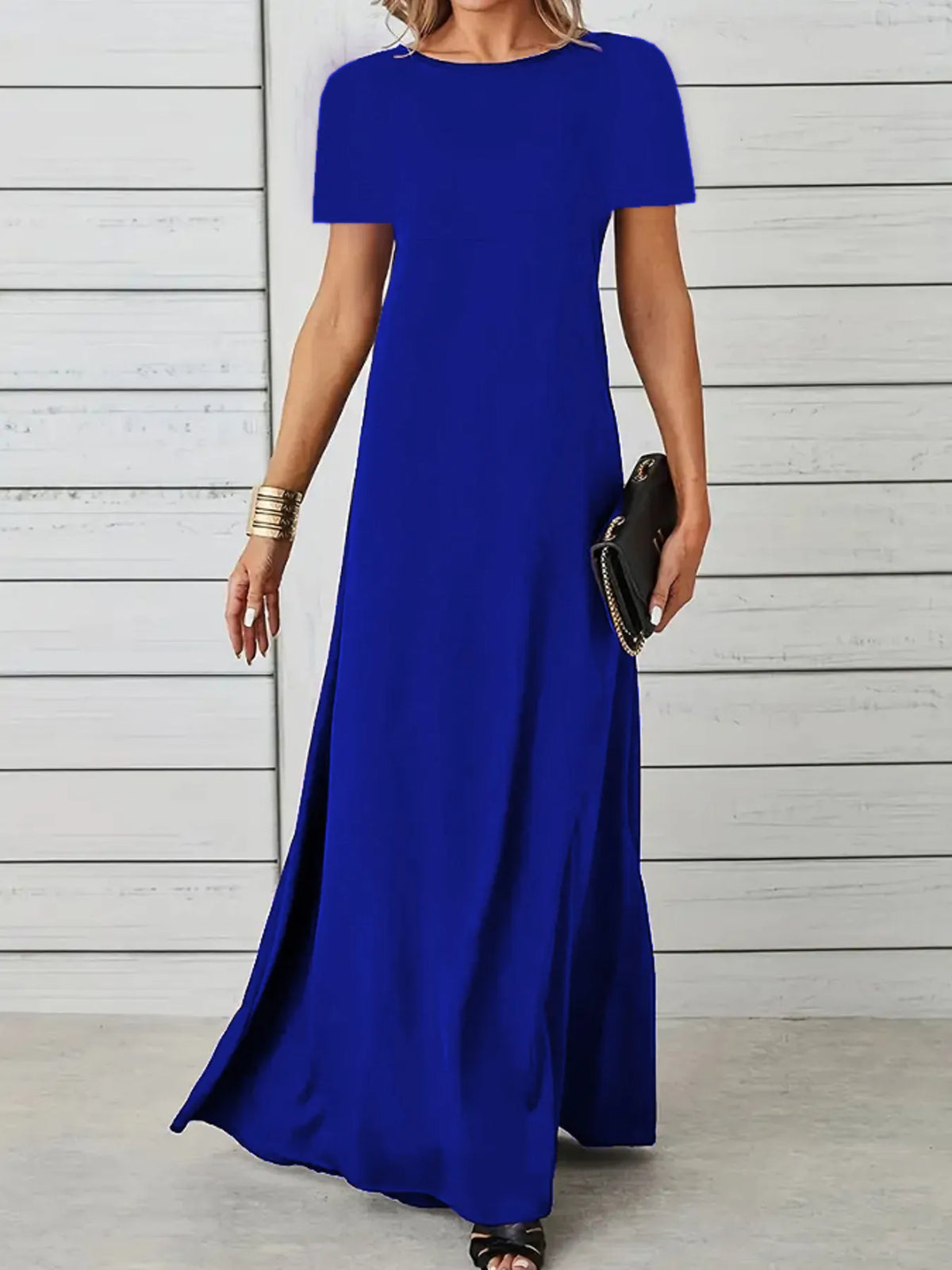 Full Size Round Neck Short Sleeve A-Line Maxi Dress Plus Size - Ladyez