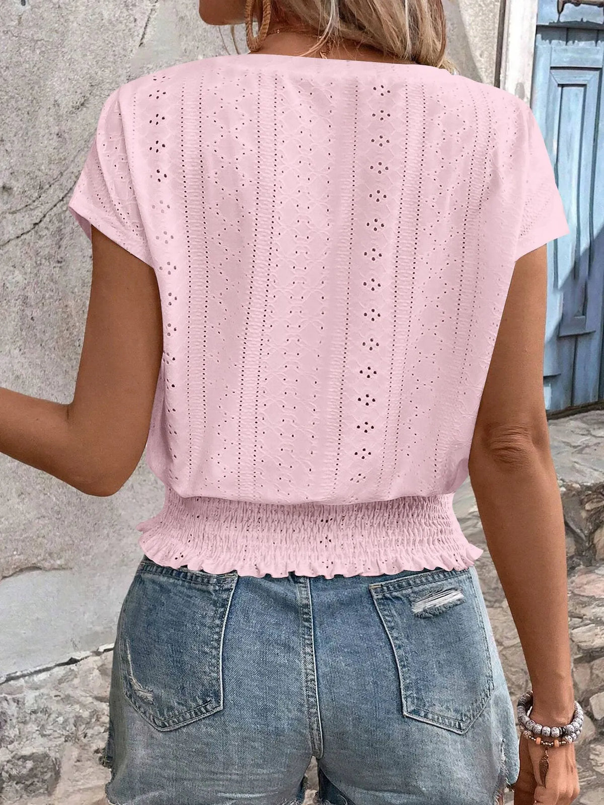Eyelet V-Neck Short Sleeve Blouse - Ladyez