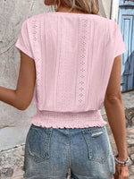 Eyelet V-Neck Short Sleeve Blouse - Ladyez