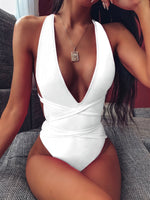 Halter Neck Deep V Tied One-Piece Swimsuit - Ladyez