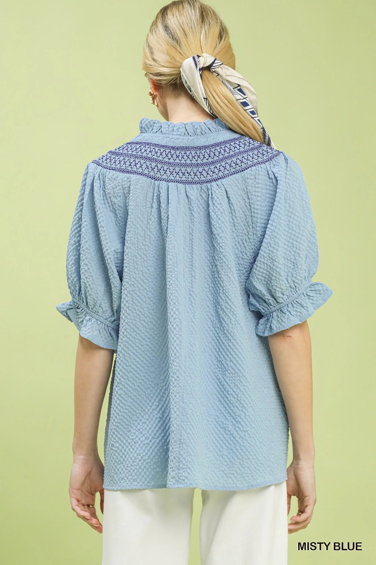 Umgee Textured Henley Blouse with Ruffle Cuffs