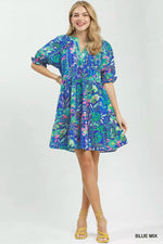 Umgee Mix Botanical Print Puff Sleeve Tiered Dress