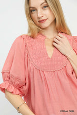 Umgee Smocked Yoke Blouse with Ruffle Sleeves