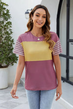 Color Block Round Neck Short Sleeve T-Shirt