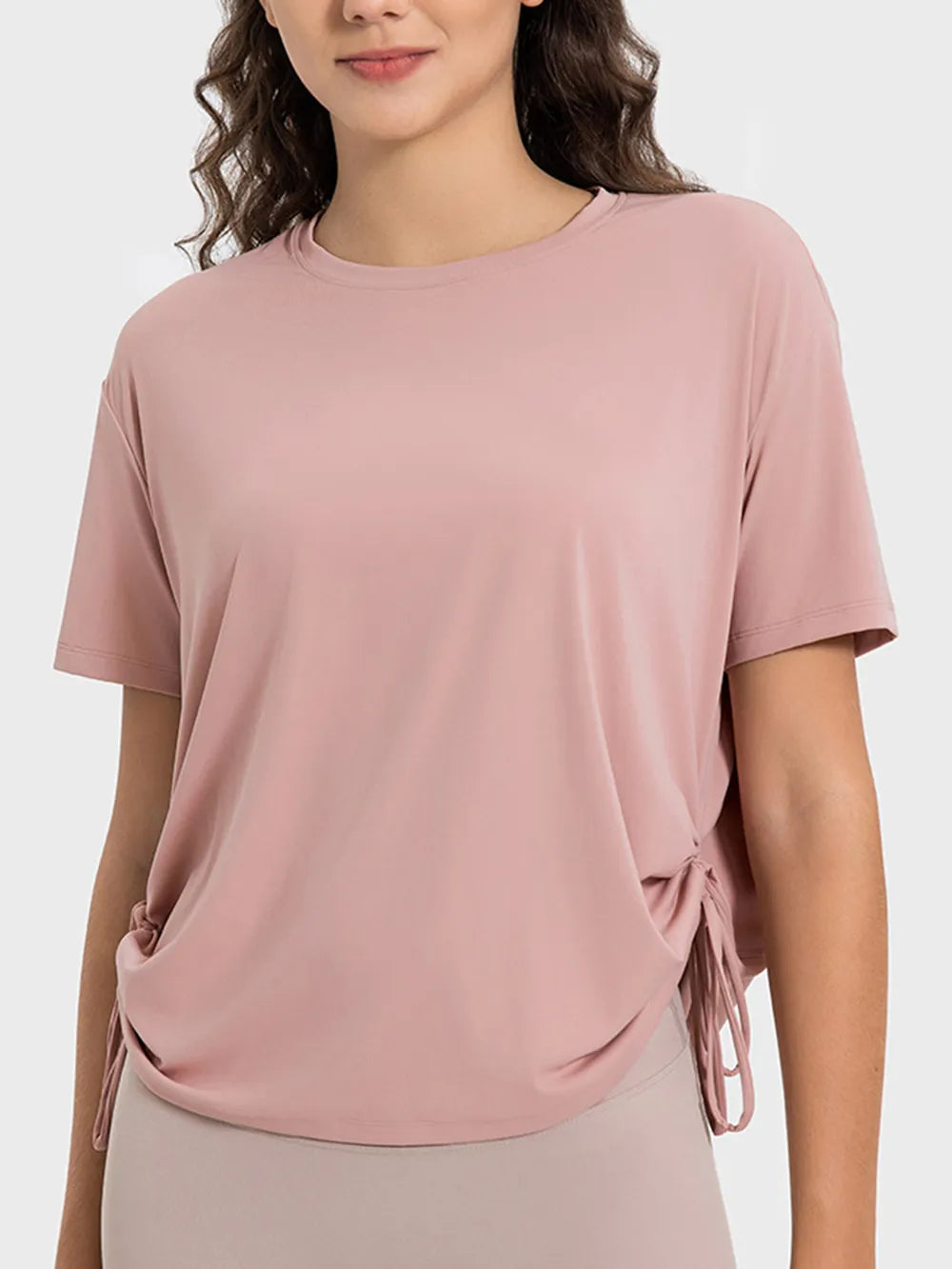 Millennia Drawstring Round Neck Short Sleeve Active T-Shirt - Ladyez