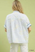 Umgee Striped Embroidered Blouse with Scallop Trim