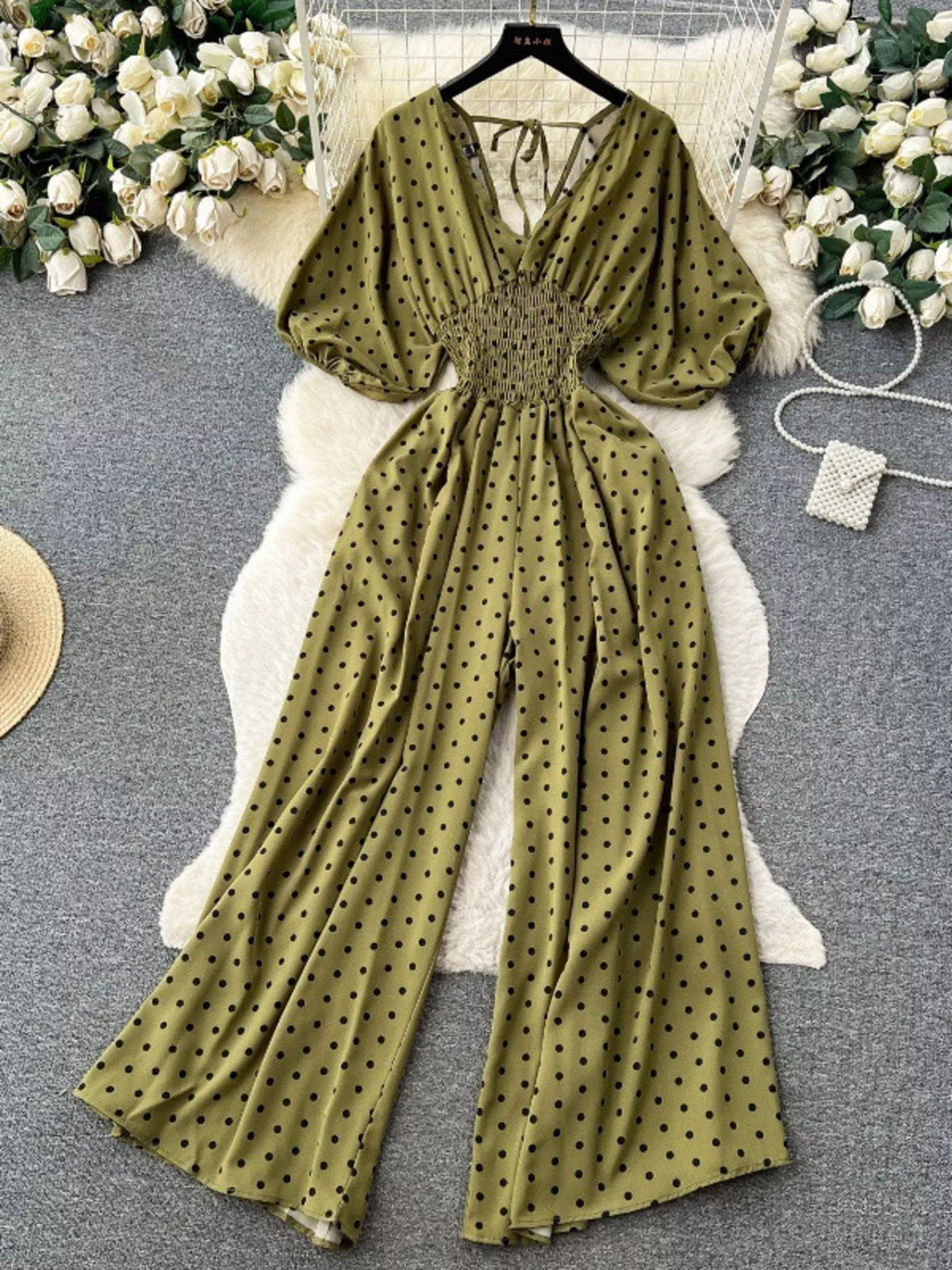 Smocked V-Neck Wide Leg Jumpsuit